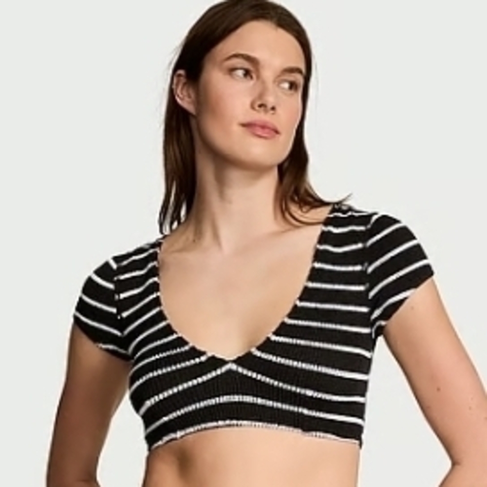 Victoria's Secret Black and White Striped Crinkle Short Sleeve Swim Top M/L
